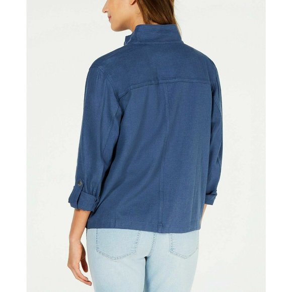 NWT Style & Co Women's M Blue Linen Blend Jacket Top Zip-Up Roll Tab Long Sleeve - Picture 2 of 8